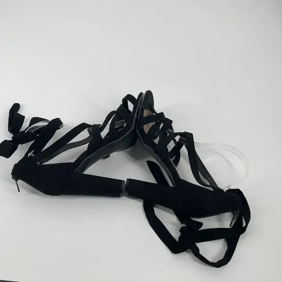 Torrid Ankle Wrap Faux Suede Block High Heels 9.5 W Wide Womens Black Open Toe - Picture 5 of 8